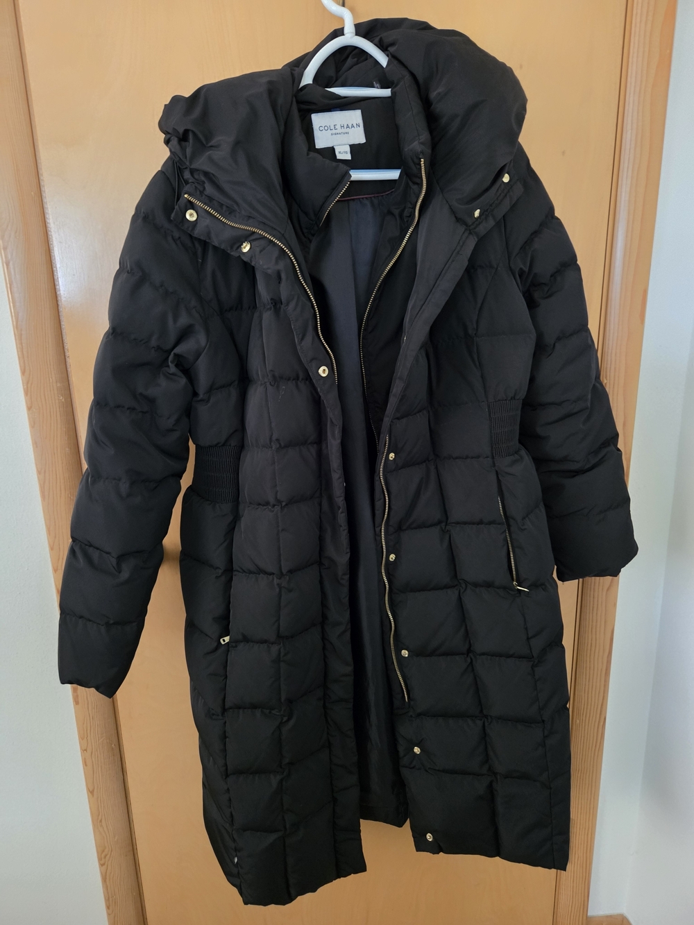 Cole Haan Black Quilted Long Puffer Coat with Hood